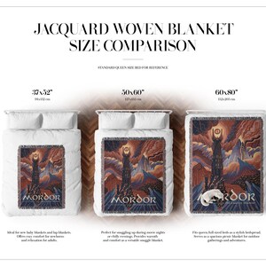 May include: A size comparison chart for a Jacquard woven blanket featuring a Mordor graphic. Three blankets are displayed on white beds in sizes 37x52 inches, 50x60 inches, and 60x80 inches. The design depicts a dark tower, mountains, and text.