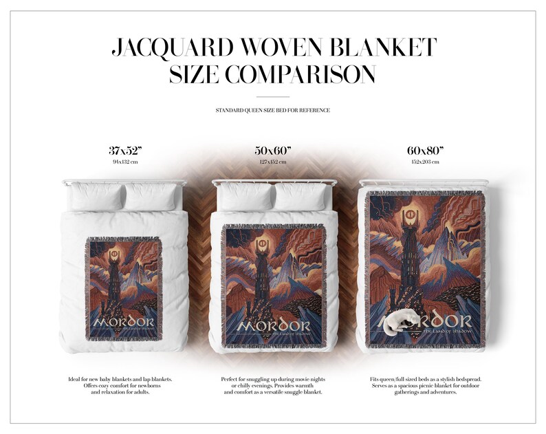 May include: A size comparison chart for a Jacquard woven blanket featuring a Mordor graphic. Three blankets are displayed on white beds in sizes 37x52 inches, 50x60 inches, and 60x80 inches. The design depicts a dark tower, mountains, and text.