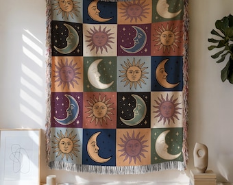 Boho Sun and Moon Woven Blanket, Celestial Checkerboard Throw Blanket, Astrology Tapestry Blanket, Boho Decor Gift, Vintage Sun Moon Throw