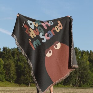 Don't Hug Me I'm Scared Woven Blanket, Funny Dark Humor Throw Blanket, DHMIS Tapestry Fan Gift, Weird Aesthetic Decor, Indie Cartoon Blanket