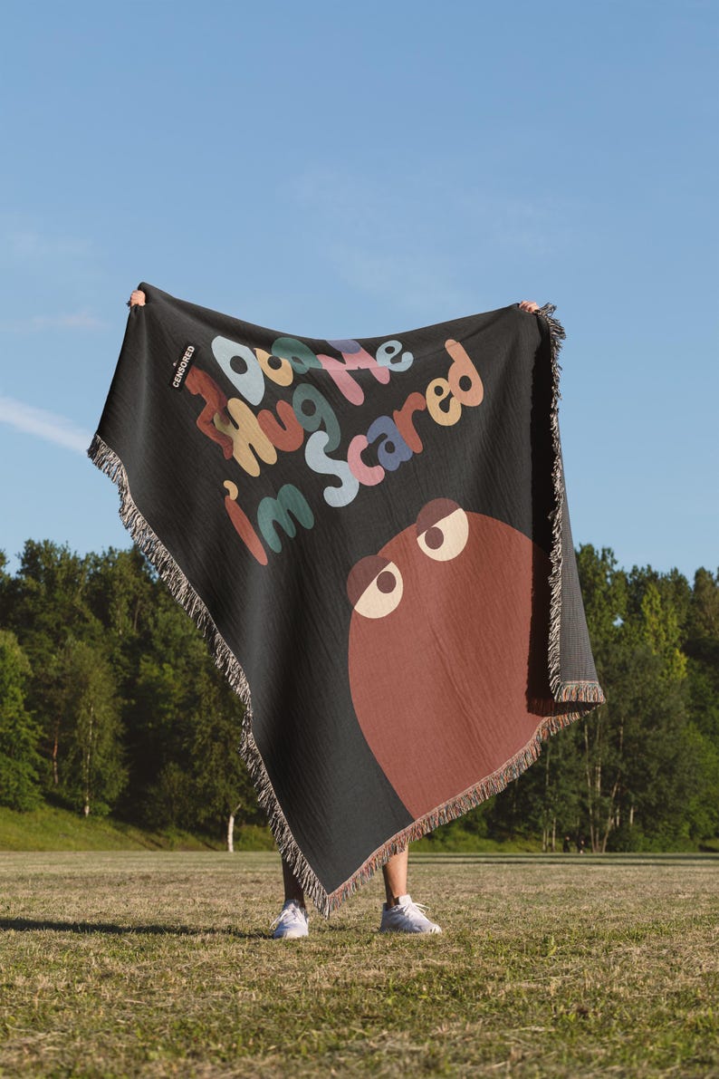 Don't Hug Me I'm Scared Woven Blanket, Funny Dark Humor Throw Blanket, DHMIS Tapestry Fan Gift, Weird Aesthetic Decor, Indie Cartoon Blanket
