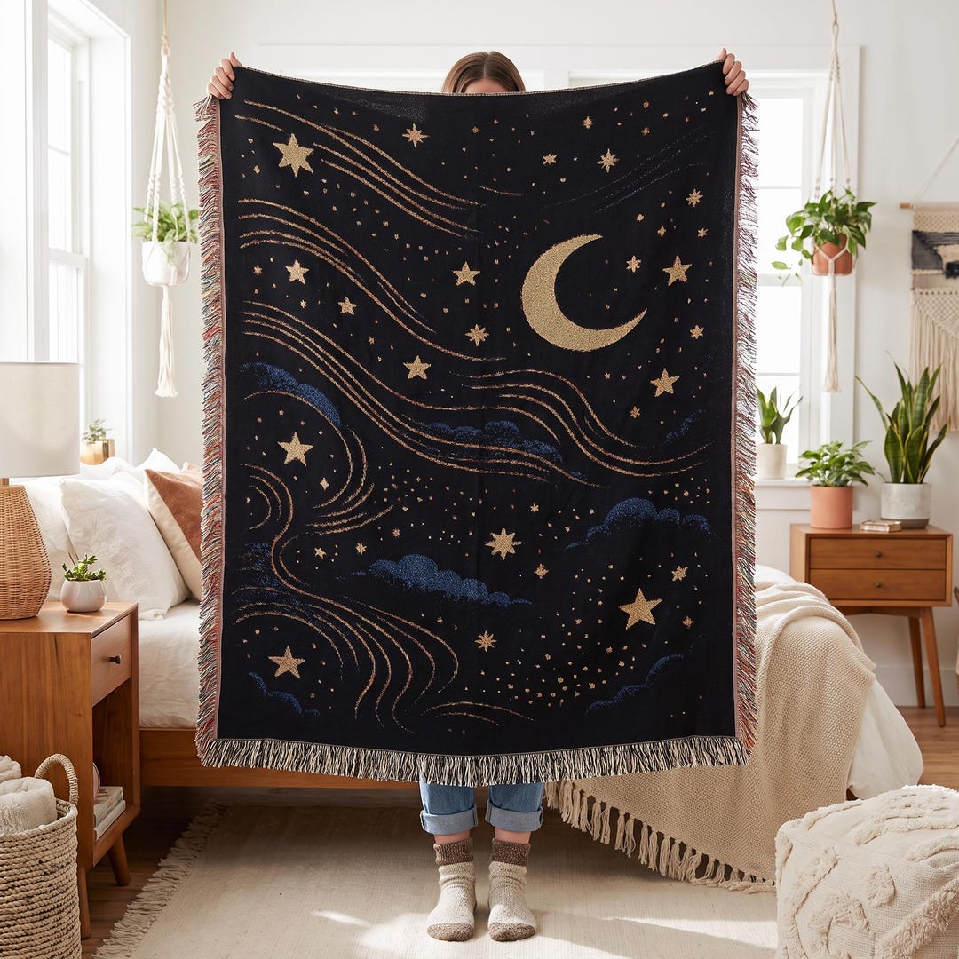 Crescent Moon Star Woven Blanket, Celestial Night Sky Tapestry