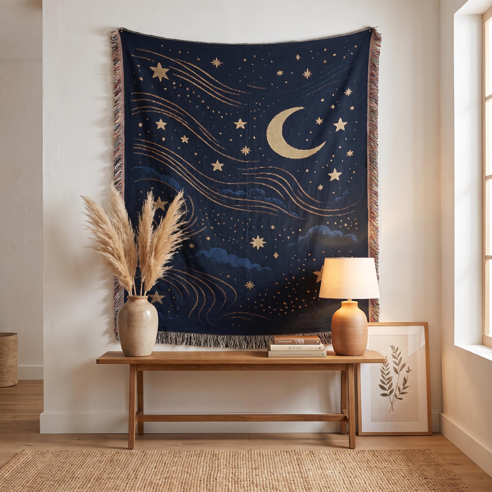Crescent Moon Star Woven Blanket, Celestial Night Sky Tapestry