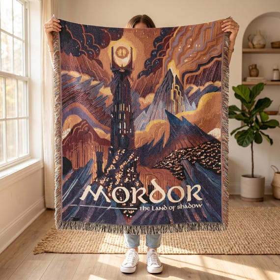 Mordor Travel Poster Woven Blanket, Eye of Sauron Barad-dur Tapestry, Vintage Lord of the Rings Fan Gift, LOTR Land of Shadow Room Decor