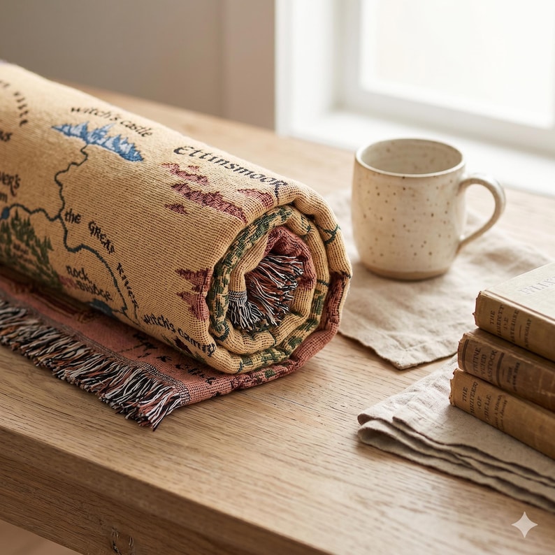May include: Rolled beige throw blanket with a map design, featuring red, green, and blue accents. A beige mug with speckles and a stack of books are on a wooden table. The blanket has a fringed edge.