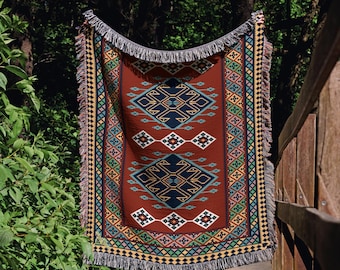 Turkish Kilim Rug Pattern Woven Blanket, Traditional Anatolian Nordic Kilim Rug Gift For Her, Ethnic Home Decor, Turkish Ottoman Rug Kilim