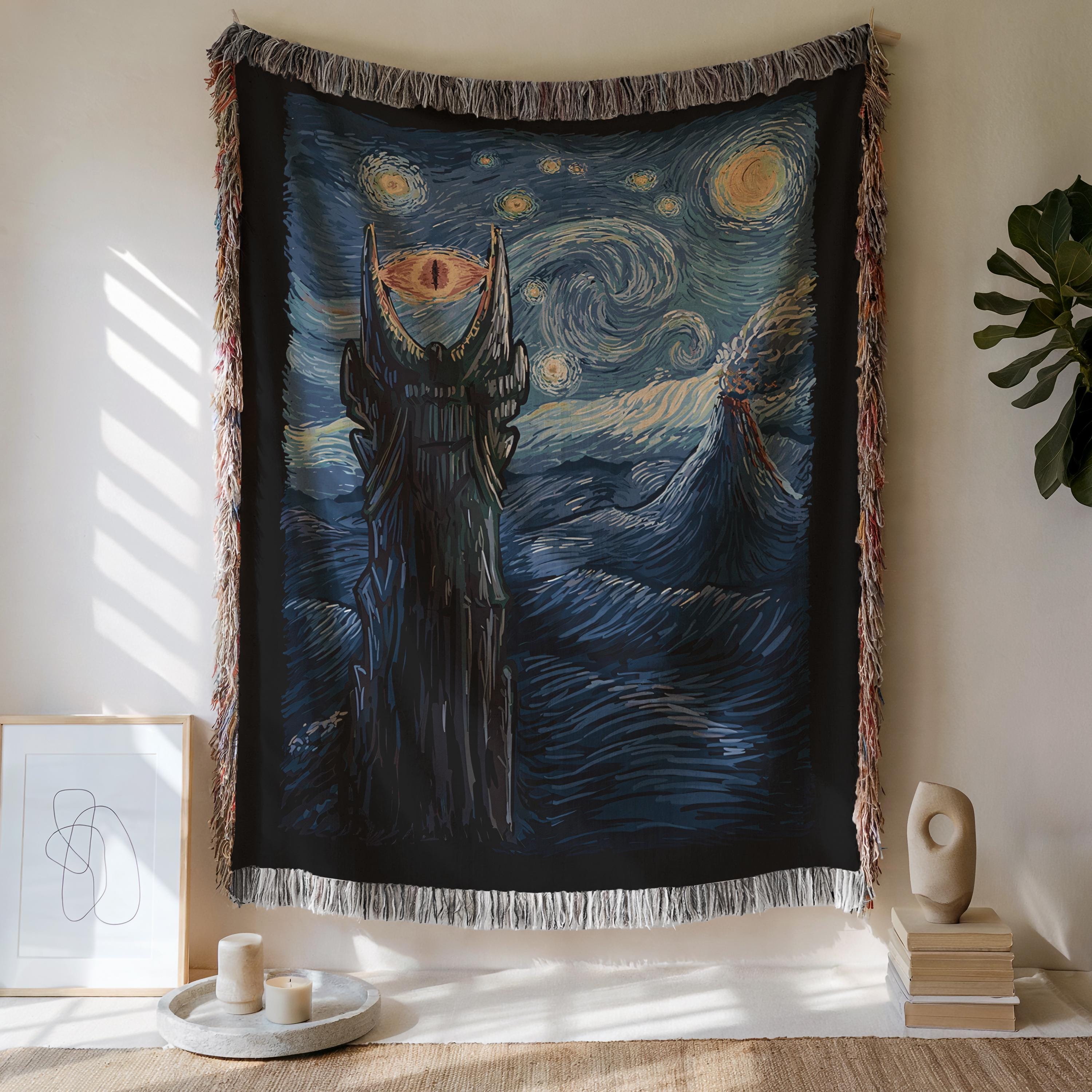 Starry Night Style Fantasy Blanket: Evil Eye Tower Volcano Art