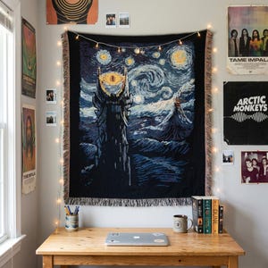 Starry Night Dark Tower Woven Blanket, Evil Eye Swirling Sky Tapestry, Van Gogh Style Fantasy Art, Fantasy Book Gift, Artistic Wall Decor
