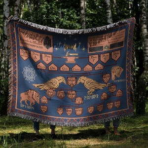 Dwarven Royal Lineage Woven Blanket: Ancient Mountain King Family Tree Tapestry, Runic Genealogy Art, Fantasy Book Gift