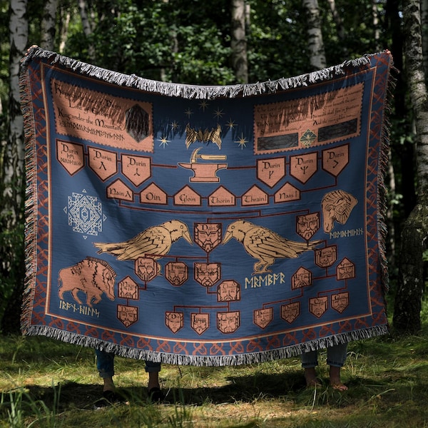 Dwarven Royal Lineage Woven Blanket: Ancient Mountain King Family Tree Tapestry, Runic Genealogy Art, Fantasy Book Gift
