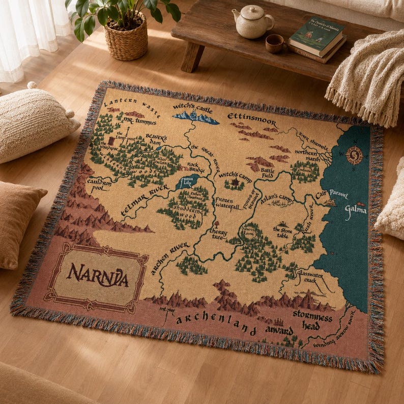 May include: A woven throw blanket featuring a map of Narnia. The map includes locations like Witch's Castle, Telmar River, and Cair Paravel. The blanket has a tan background with brown, green, and blue details, and a fringed edge.