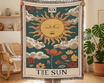 The Sun Tarot Card Woven Blanket, Celestial Mystical Tapestry, Witchy Astrology Decor, Zodiac Wall Art, Spiritual Gift, Boho Sun Throw Art