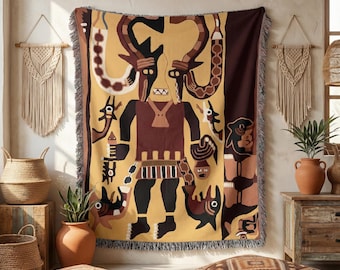 Ancient Peruvian Ethnic Shaman Woven Blanket, Paracas Mythology Tapestry Throw, Nazca Tribal Boho Wall Hanging, Pre-Columbian Home Decor
