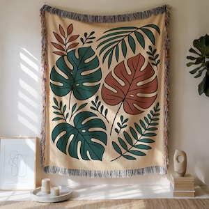 Jungle Leaves Boho Blanket, Monstera Tropical Leaf Throw, Earthy Green Botanical Tapestry, Cozy Bohemian Decor Gift, Plant Lover Blanket Art