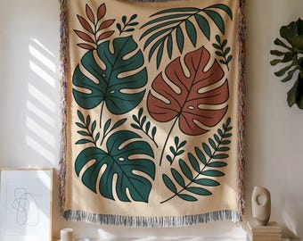 Monstera Blatt Decke: Boho Dschungel Tapisserie, erdiges Grün Dekor