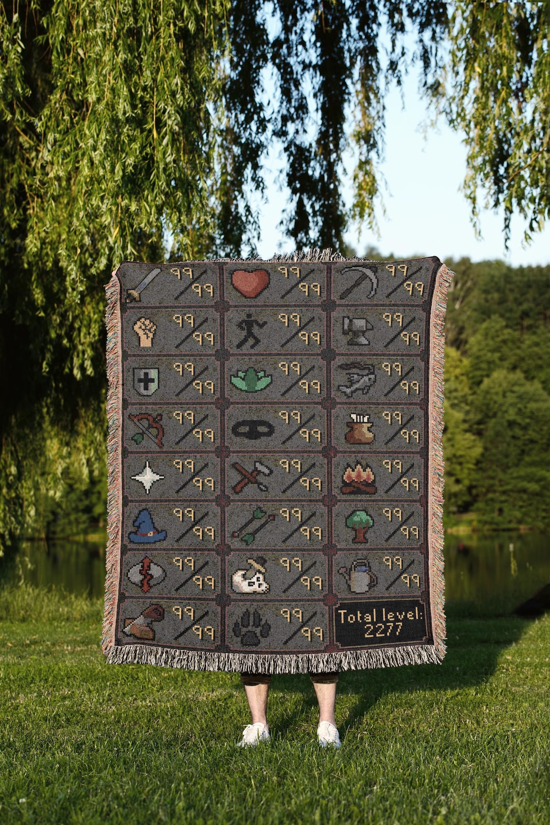 Runescape Inspired 99 Max Level Skill Woven Blanket, Pixel RPG
