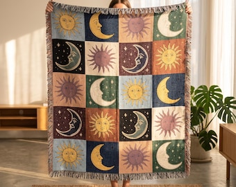 Boho Sonne und Mond Decke: Himmlischer Schachbrettüberwurf, mystische Astrologie Tarot gewebter Wandbehang, Vintage Boho Wohndekor