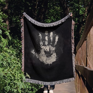 Dark Wizard Hand Woven Blanket: White Hand Sigil Tapestry - Industrial Magic Art - Villain Faction Flag - Fantasy Book Gift