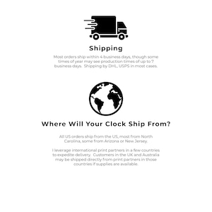 May include: A black and white graphic featuring a truck icon above the text Shipping, followed by a globe icon and the text Where Will Your Clock Ship From? The text provides details regarding order processing times and shipping locations.