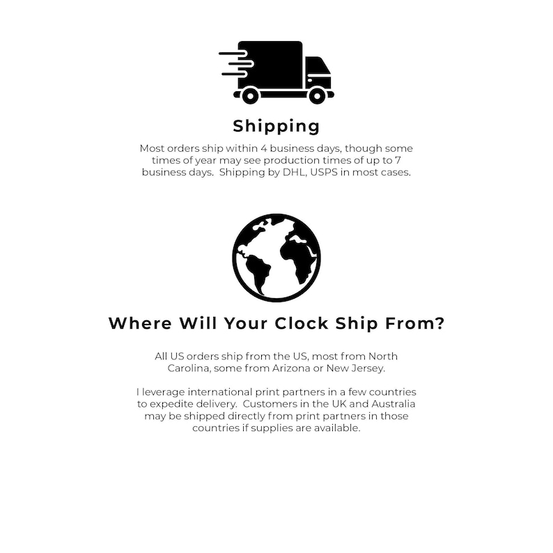 May include: A black and white graphic featuring a truck icon above the text Shipping, followed by a globe icon and the text Where Will Your Clock Ship From? The text provides details regarding order processing times and shipping locations.