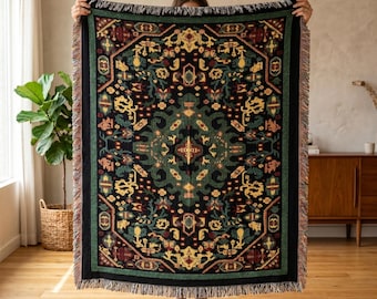 Green Persian Rug Woven Blanket, Vintage Ethnic Tapestry, Boho Maximalist Decor, Oriental Carpet Throw, Eclectic Home Art, Tactile Gift Art