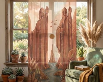 Fantasy River Guardians Sheer Curtain, Ancient Mythic Stone Sentinels Window Drape, Mythic Fantasy Book Love Home Decor