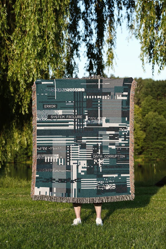 Glitch Art System Failure Woven Blanket, Cyberpunk Gamer Tapestry