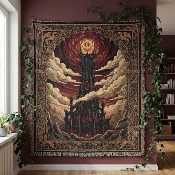 Fantasy Sauron Evil Eye Tower Woven Blanket, Gothic Fortress Tapestry, Mythical Villain Wall Art, Fantasy Book Gift, LOTR Inspired Throw
