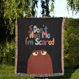 Don't Hug Me I'm Scared Woven Blanket, Funny Dark Humor Throw Blanket, DHMIS Tapestry Fan Gift, Weird Aesthetic Decor, Indie Cartoon Blanket
