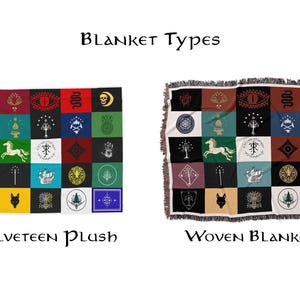 Blanket types comparison - Lotr Flags and symbols in velveteen plush and woven styles, patchwork design with magical symbols, medieval themed decor options