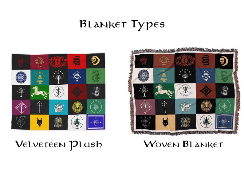 Blanket types comparison - Lotr Flags and symbols in velveteen plush and woven styles, patchwork design with magical symbols, medieval themed decor options