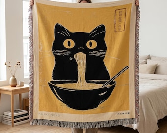 Kuro Neko Black Cat Eating Ramen Woven Blanket, Japanese Anime Noodle Tapestry Throw, Kawaii Couch Blanket, Funny Pet Lover Wall Decor