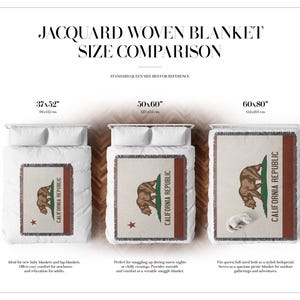 May include: A size comparison chart for a jacquard woven blanket featuring the California Republic flag design. Three blankets are shown on beds in sizes 37x52 inches, 50x60 inches, and 60x80 inches. The blankets are cream with a brown bear and red star.