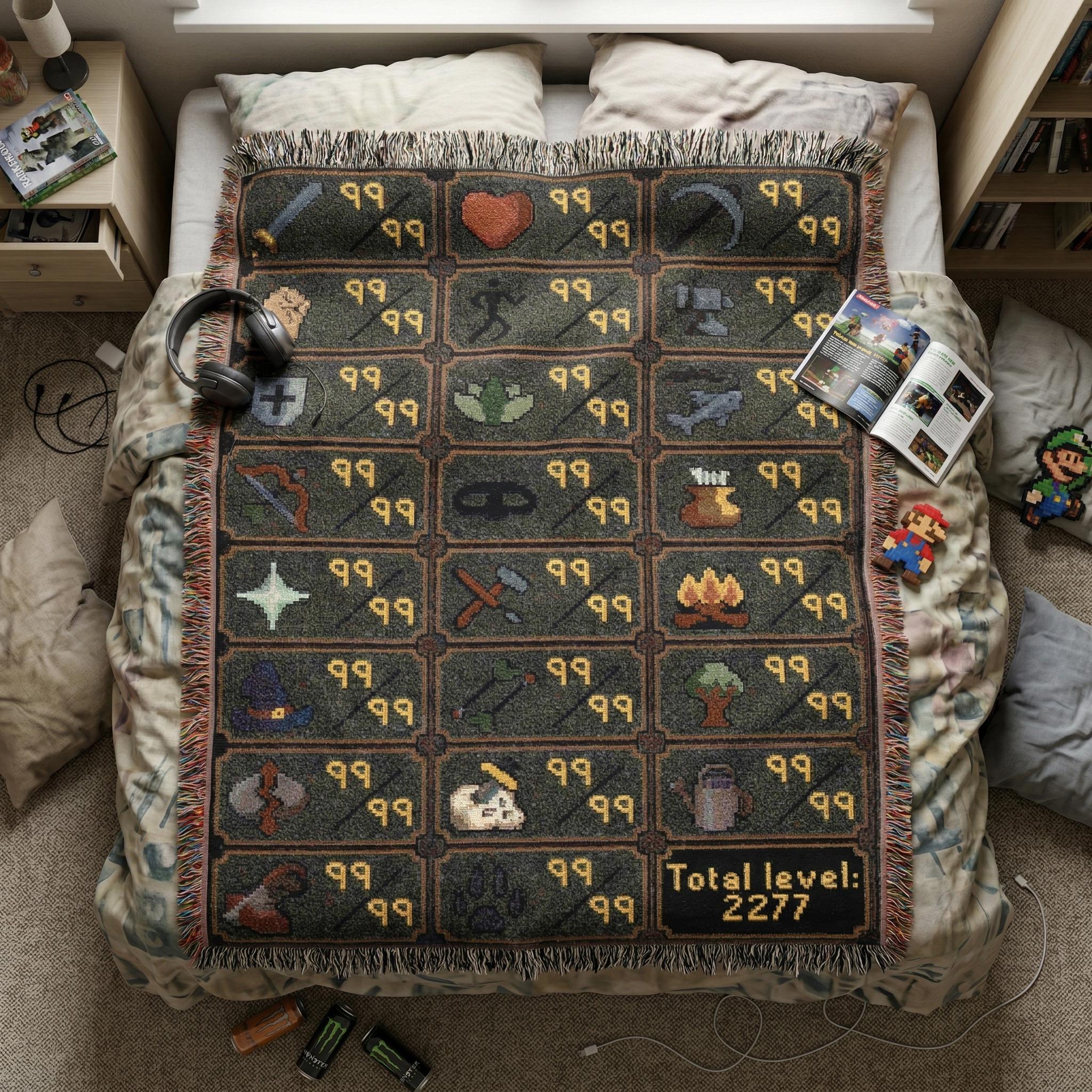 Runescape Inspired 99 Max Level Skill Woven Blanket, Pixel RPG