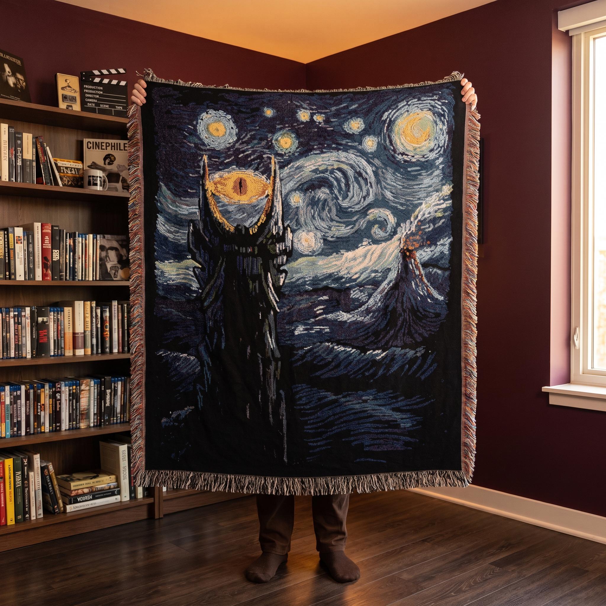 Sauron Eye Starry Night Woven Blanket, Van Gogh Style Fantasy Art