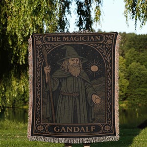 Coperta da tiro arazzo con tarocchi di Gandalf del Signore degli Anelli, coperta da tiro con carte del Mago, arazzo intrecciato di Gandalf, coperta da mago del Signore degli Anelli