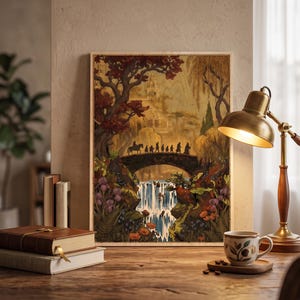 Könnte beinhalten: Ein rechteckiges Wandbild aus Holz mit einer detaillierten Illustration einer Gruppe von Figuren, die über eine Steinbrücke gehen. Die Szene zeigt einen Wasserfall, üppige Bäume und einen entfernten Turm in warmen Braun-, Orange- und Grüntönen.