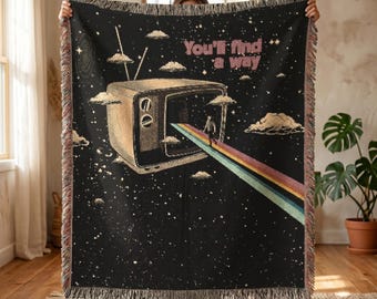 Retro TV Portal Woven Blanket, You'll Find a Way Quote, Psychedelic Rainbow Galaxy Art, Trippy Motivational Throw, Celestial Wall Tapestry