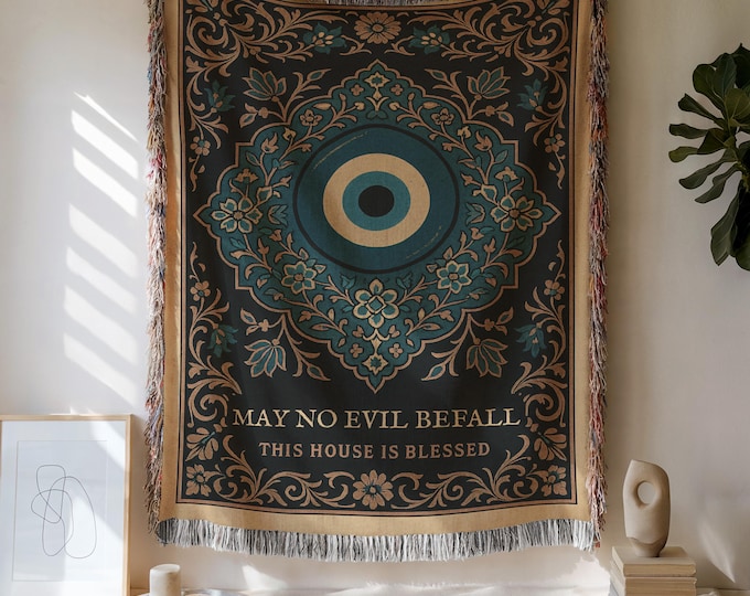 Evil Eye Throw Blanket: Turkish Nazar, Boho Woven Tapestry