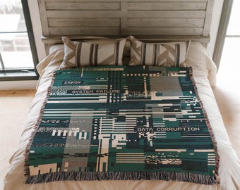 Glitch Art System Failure Woven Blanket, Cyberpunk Gamer Tapestry