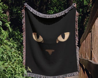 Manta tejida con ojos de gato negro: decoración gótica para el hogar en Halloween.