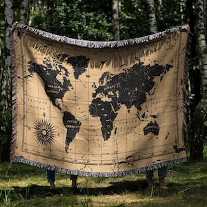 Vintage World Map Woven Blanket - Travel Lover Gift, Home Decor Accent, Wanderlust Bedroom Throw, Unique Tapestry Wall Hanging, Cozy Sofa