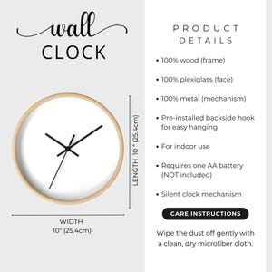 May include: A round wall clock with a light wood frame, white face, and black hands. It measures 10 inches in width and length. Product details include a wood frame, plexiglass face, metal mechanism, pre-installed hook, and silent operation.