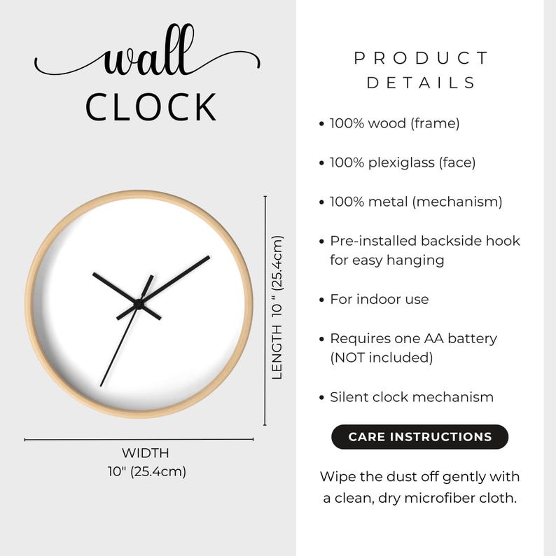 May include: A round wall clock with a light wood frame, white face, and black hands. It measures 10 inches in width and length. Product details include a wood frame, plexiglass face, metal mechanism, pre-installed hook, and silent operation.