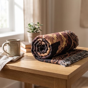 Op de afbeelding: Een opgerolde geweven plaid met een complex patroon in donkerbruin, zwart en goud met franjes aan de randen. De plaid ligt naast een lichtgekleurde keramische mok en een kleine groene plant in een pot op een houten oppervlak.