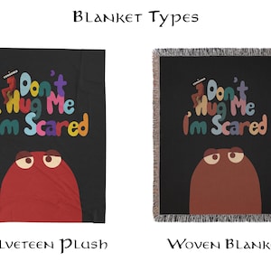 Don't Hug Me I'm Scared Woven Blanket, Funny Dark Humor Throw Blanket, DHMIS Tapestry Fan Gift, Weird Aesthetic Decor, Indie Cartoon Blanket