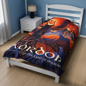 Mordor Travel Poster Woven Blanket, Eye of Sauron Barad-dur Tapestry, Vintage Lord of the Rings Fan Gift, LOTR Land of Shadow Room Decor Velveteen Plush