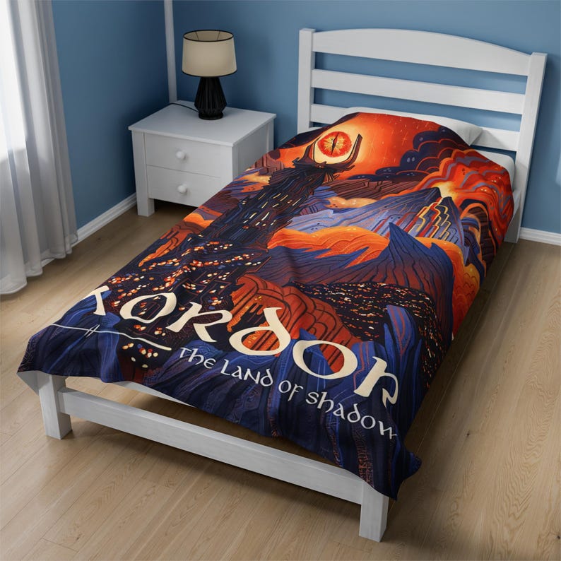 Mordor Travel Poster Woven Blanket, Eye of Sauron Barad-dur Tapestry, Vintage Lord of the Rings Fan Gift, LOTR Land of Shadow Room Decor Velveteen Plush