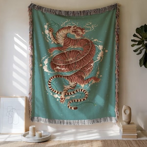 Tiger Dragon Woven Blanket, Oriental Spirit Animal Tapestry, Mythical Boho Throw Blanket, Asian Folk Art Design, Cultural Home Decor Gift