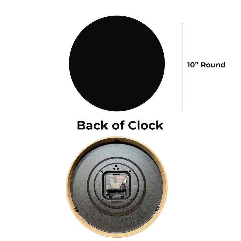 May include: A round wall clock back featuring a light wood-toned frame and a black circular center housing the battery-operated mechanism. The text "Back of Clock" is printed above, and a vertical line indicates a diameter of 10 inches round.